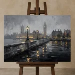 Westminster Embankment London Cityscape Wall Art Canvas Print displayed on a studio easel
