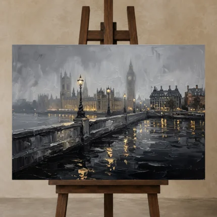 Westminster Embankment London Cityscape Wall Art Canvas Print shown in Studio Easel