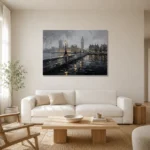 Westminster Embankment London Cityscape Wall Art Canvas Print styled in a refined neutral interior