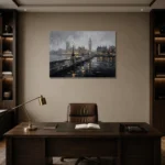 Westminster Embankment London Cityscape Wall Art Canvas Print displayed in a contemporary gallery-inspired room