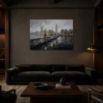 Westminster Embankment London Cityscape Wall Art Canvas Print shown in a warm modern interior