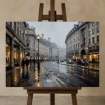 Rainy Piccadilly London Cityscape Wall Art Canvas Print displayed on a studio easel