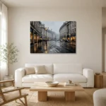 Rainy Piccadilly London Cityscape Wall Art Canvas Print styled in a refined neutral interior