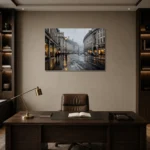 Rainy Piccadilly London Cityscape Wall Art Canvas Print displayed in a contemporary gallery-inspired room
