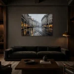 Rainy Piccadilly London Cityscape Wall Art Canvas Print shown in a warm modern interior