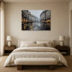 Rainy Piccadilly London Cityscape Wall Art Canvas Print showcased in an elegant minimalist interior