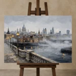 Thames Skyline London Cityscape Wall Art Canvas Print displayed on a studio easel