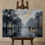 Horse Carriage London Cityscape Wall Art Canvas Print displayed on a studio easel