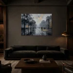 Horse Carriage London Cityscape Wall Art Canvas Print shown in a warm modern interior