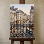 Paris Balcony View Paris Cityscape Wall Art Canvas Print displayed on a studio easel