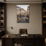 Paris Balcony View Paris Cityscape Wall Art Canvas Print displayed in a contemporary gallery-inspired room