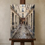 Rainy Paris Passage Paris Cityscape Wall Art Canvas Print displayed on a studio easel