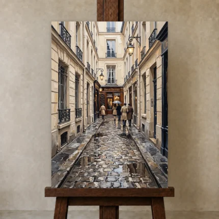 Rainy Paris Passage Paris Cityscape Wall Art Canvas Print shown in Studio Easel