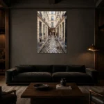 Rainy Paris Passage Paris Cityscape Wall Art Canvas Print shown in a warm modern interior
