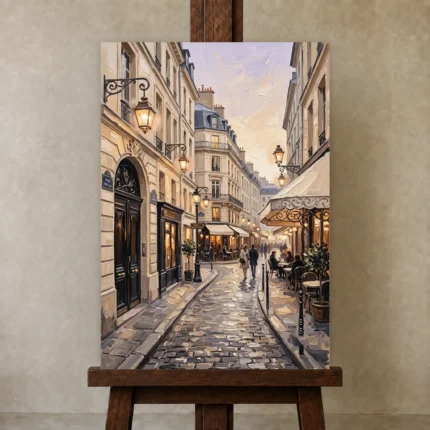 Paris Cafe Street Paris Cityscape Wall Art Canvas Print shown in Studio Easel