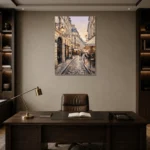 Paris Cafe Street Paris Cityscape Wall Art Canvas Print displayed in a contemporary gallery-inspired room