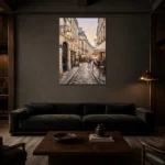 Paris Cafe Street Paris Cityscape Wall Art Canvas Print shown in a warm modern interior