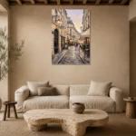 Paris Cafe Street Paris Cityscape Wall Art Canvas Print presented in a sophisticated home setting