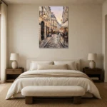 Paris Cafe Street Paris Cityscape Wall Art Canvas Print showcased in an elegant minimalist interior