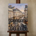 Paris Evening Balcony Paris Cityscape Wall Art Canvas Print displayed on a studio easel
