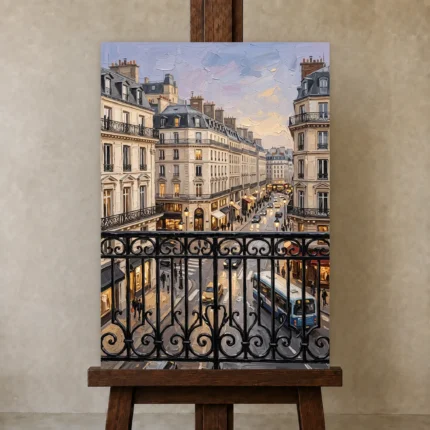 Paris Evening Balcony Paris Cityscape Wall Art Canvas Print shown in Studio Easel