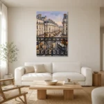 Paris Evening Balcony Paris Cityscape Wall Art Canvas Print styled in a refined neutral interior