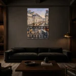 Paris Evening Balcony Paris Cityscape Wall Art Canvas Print shown in a warm modern interior