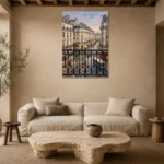 Paris Evening Balcony Paris Cityscape Wall Art Canvas Print presented in a sophisticated home setting