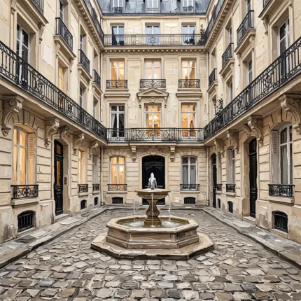 Paris Courtyard Fountain Paris Cityscape Wall Art Canvas Print