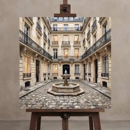 Paris Courtyard Fountain Paris Cityscape Wall Art Canvas Print displayed on a studio easel
