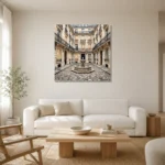 Paris Courtyard Fountain Paris Cityscape Wall Art Canvas Print styled in a refined neutral interior