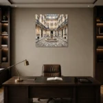 Paris Courtyard Fountain Paris Cityscape Wall Art Canvas Print displayed in a contemporary gallery-inspired room