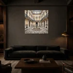 Paris Courtyard Fountain Paris Cityscape Wall Art Canvas Print shown in a warm modern interior