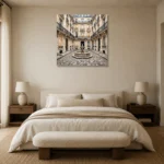 Paris Courtyard Fountain Paris Cityscape Wall Art Canvas Print showcased in an elegant minimalist interior
