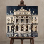 Paris Opera Facade Paris Cityscape Wall Art Canvas Print displayed on a studio easel