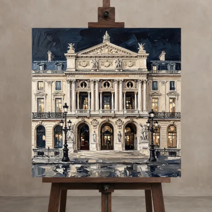 Paris Opera Facade Paris Cityscape Wall Art Canvas Print displayed on a studio easel