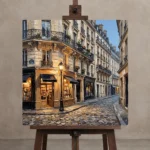 Paris Bookshop Street Paris Cityscape Wall Art Canvas Print displayed on a studio easel