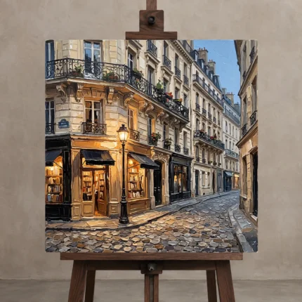Paris Bookshop Street Paris Cityscape Wall Art Canvas Print displayed on a studio easel
