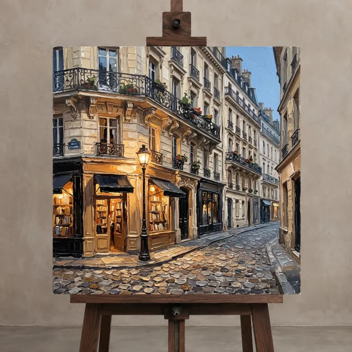 Paris Bookshop Street Paris Cityscape Wall Art Canvas Print displayed on a studio easel