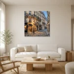 Paris Bookshop Street Paris Cityscape Wall Art Canvas Print styled in a refined neutral interior