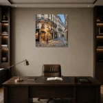 Paris Bookshop Street Paris Cityscape Wall Art Canvas Print displayed in a contemporary gallery-inspired room