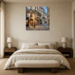 Paris Bookshop Street Paris Cityscape Wall Art Canvas Print showcased in an elegant minimalist interior