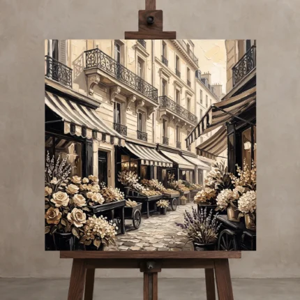 Paris Flower Market Paris Cityscape Wall Art Canvas Print displayed on a studio easel