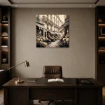 Paris Flower Market Paris Cityscape Wall Art Canvas Print displayed in a contemporary gallery-inspired room