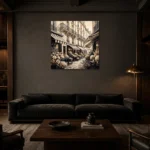 Paris Flower Market Paris Cityscape Wall Art Canvas Print shown in a warm modern interior