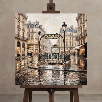 Paris Metro Entrance Paris Cityscape Wall Art Canvas Print displayed on a studio easel