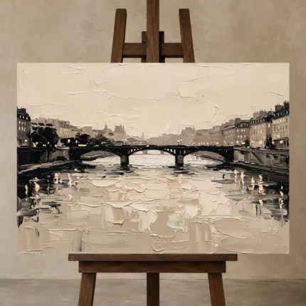 Seine Bridge Paris Cityscape Wall Art Canvas Print displayed on a studio easel
