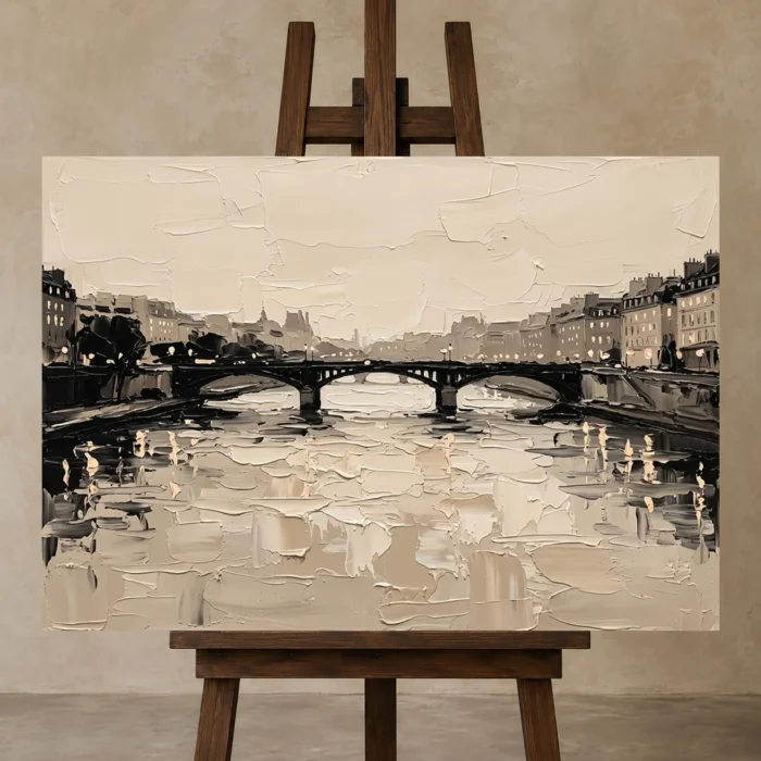 Seine Bridge Paris Cityscape Wall Art Canvas Print displayed on a studio easel