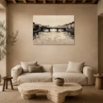 Seine Bridge Paris Cityscape Wall Art Canvas Print presented in a sophisticated home setting