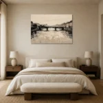 Seine Bridge Paris Cityscape Wall Art Canvas Print showcased in an elegant minimalist interior
